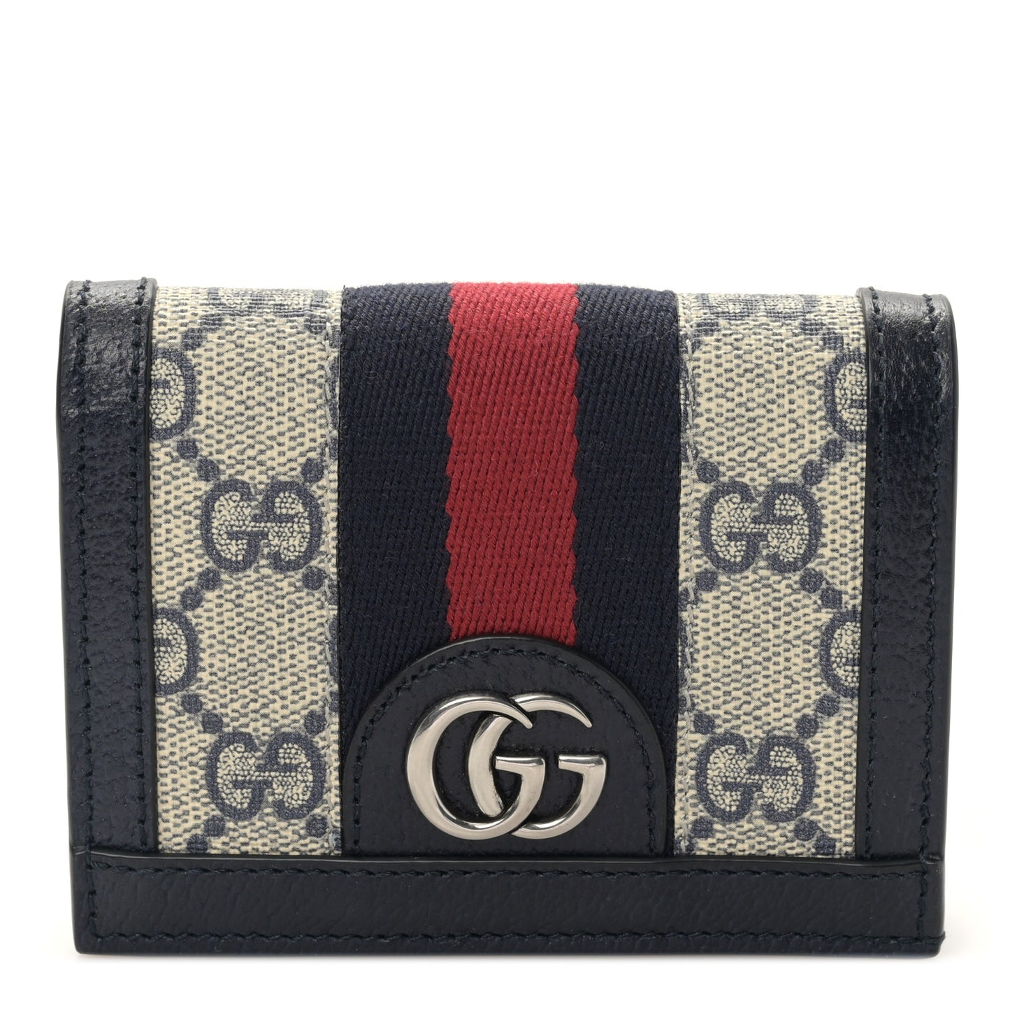 GG Supreme Monogram Textured Dollar Calfskin Web Ophidia Card Case Beige Blue