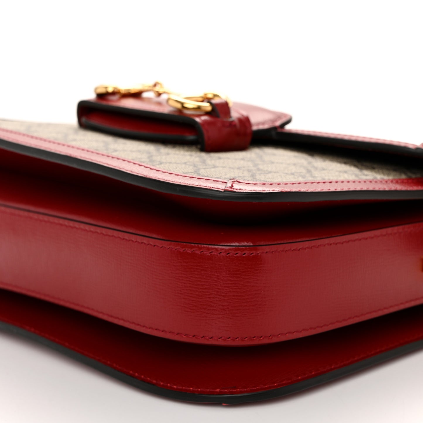 GG Supreme Monogram Azalea Calfskin Horsebit 1955 Shoulder Bag Beige Ebony New Cherry Red