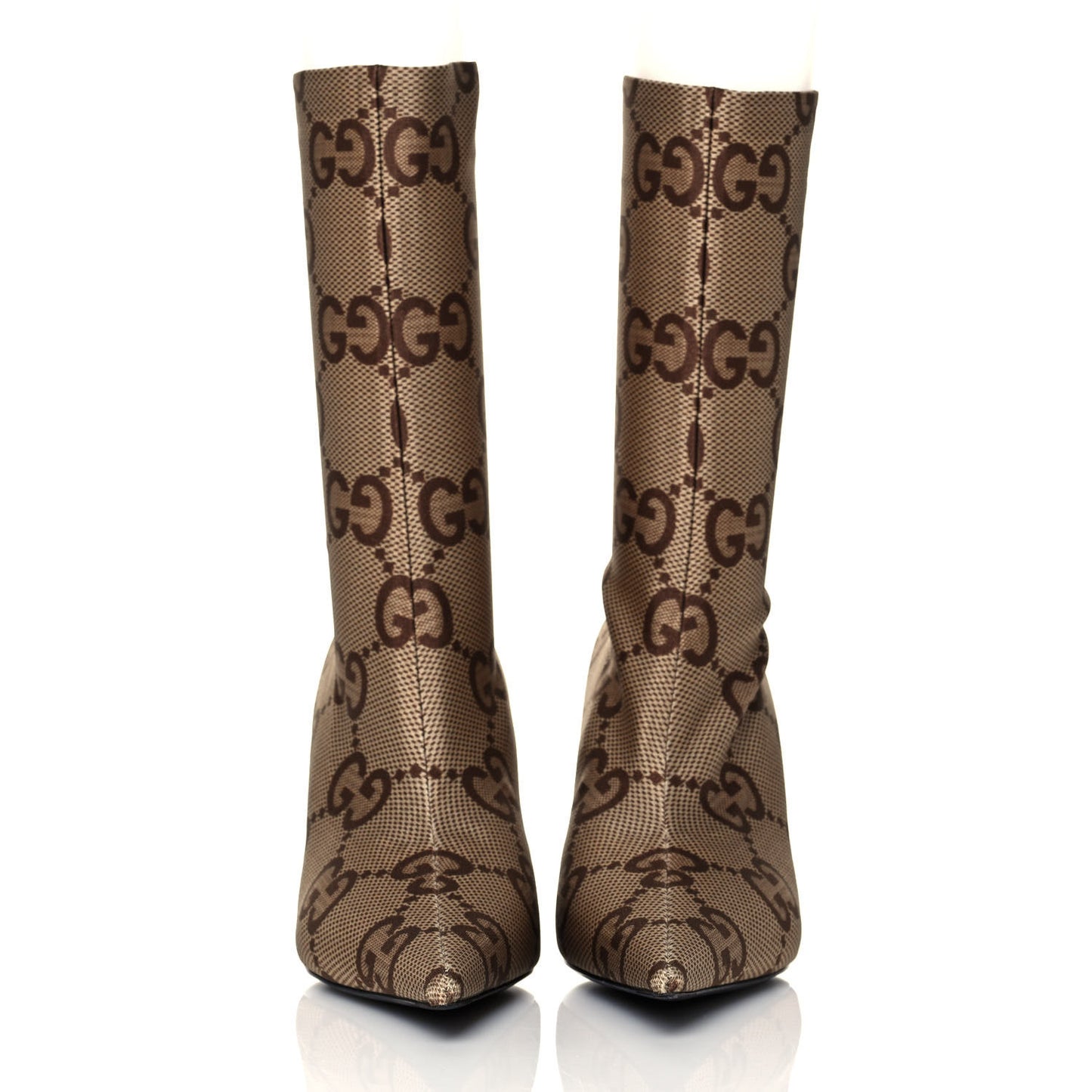 X GUCCI Jersey Maxi GG Monogram Crepe Knife Booties 41 Camel Ebony