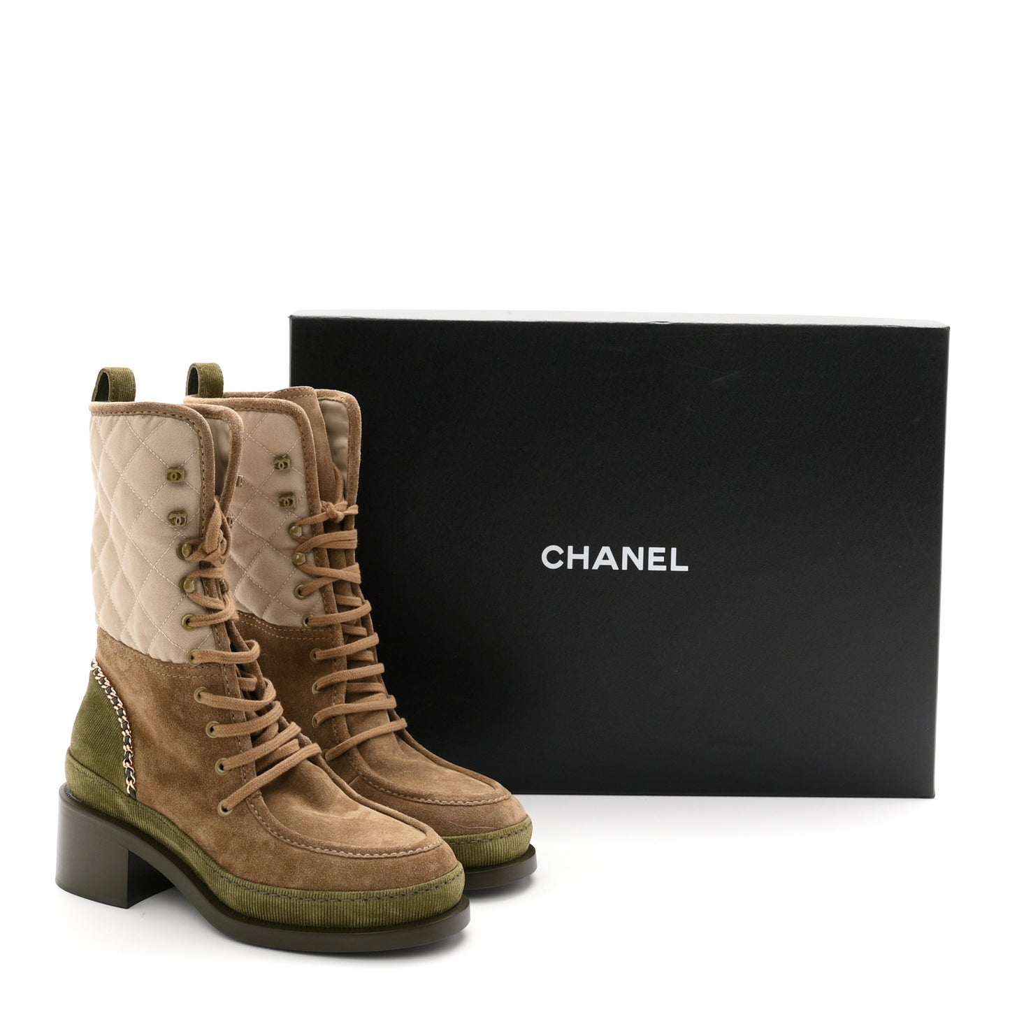 Suede Calfskin Cotton Quilted CC Chain Combat Boots 38 Light Grey Brown Khaki