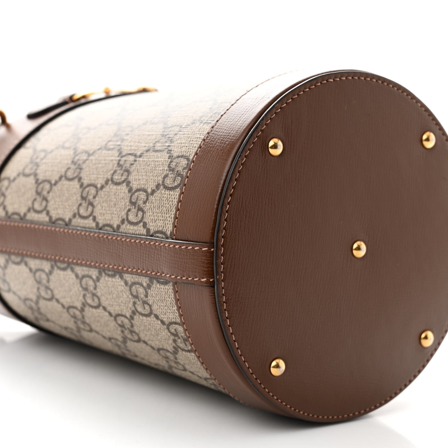 GG Supreme Monogram Azalea Sakai Calfskin Small Horsebit 1955 Drawstring Bucket Bag Beige Ebony Brown Sugar