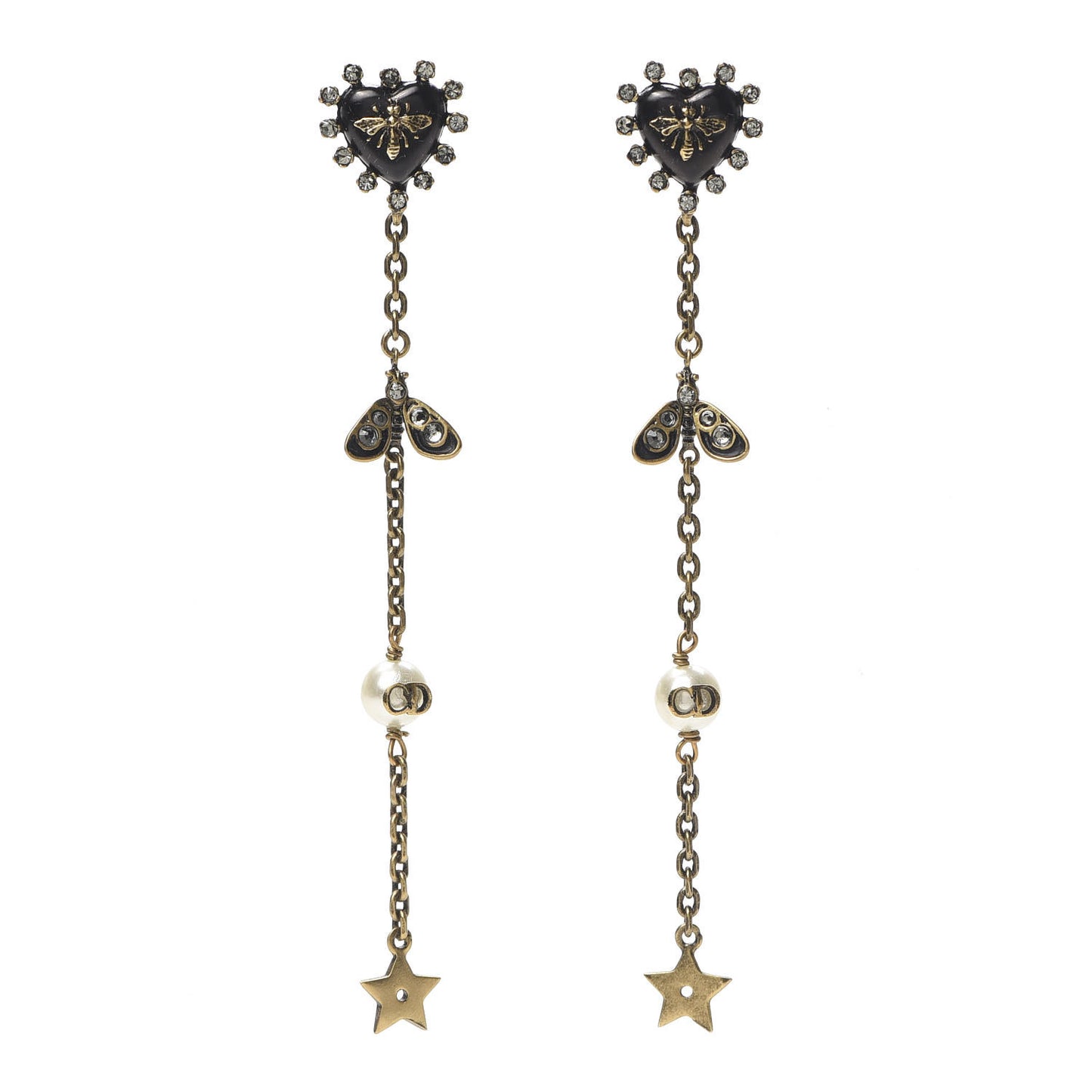 Crystal Pearl Bee Heart Drop Earrings Antique Gold