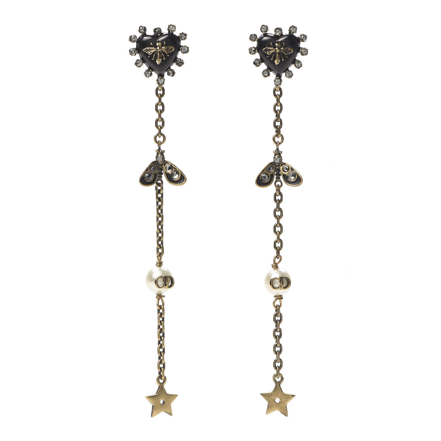 Christian Dior Crystal Pearl Bee Heart Drop Earrings Antique Gold 1 of 5