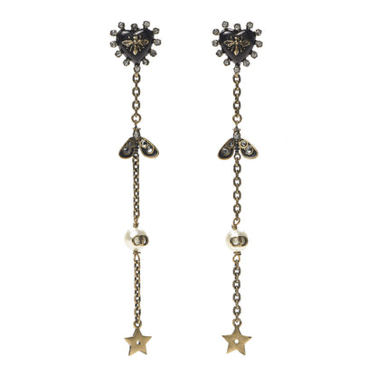 Christian Dior Crystal Pearl Bee Heart Drop Earrings Antique Gold 1 of 5