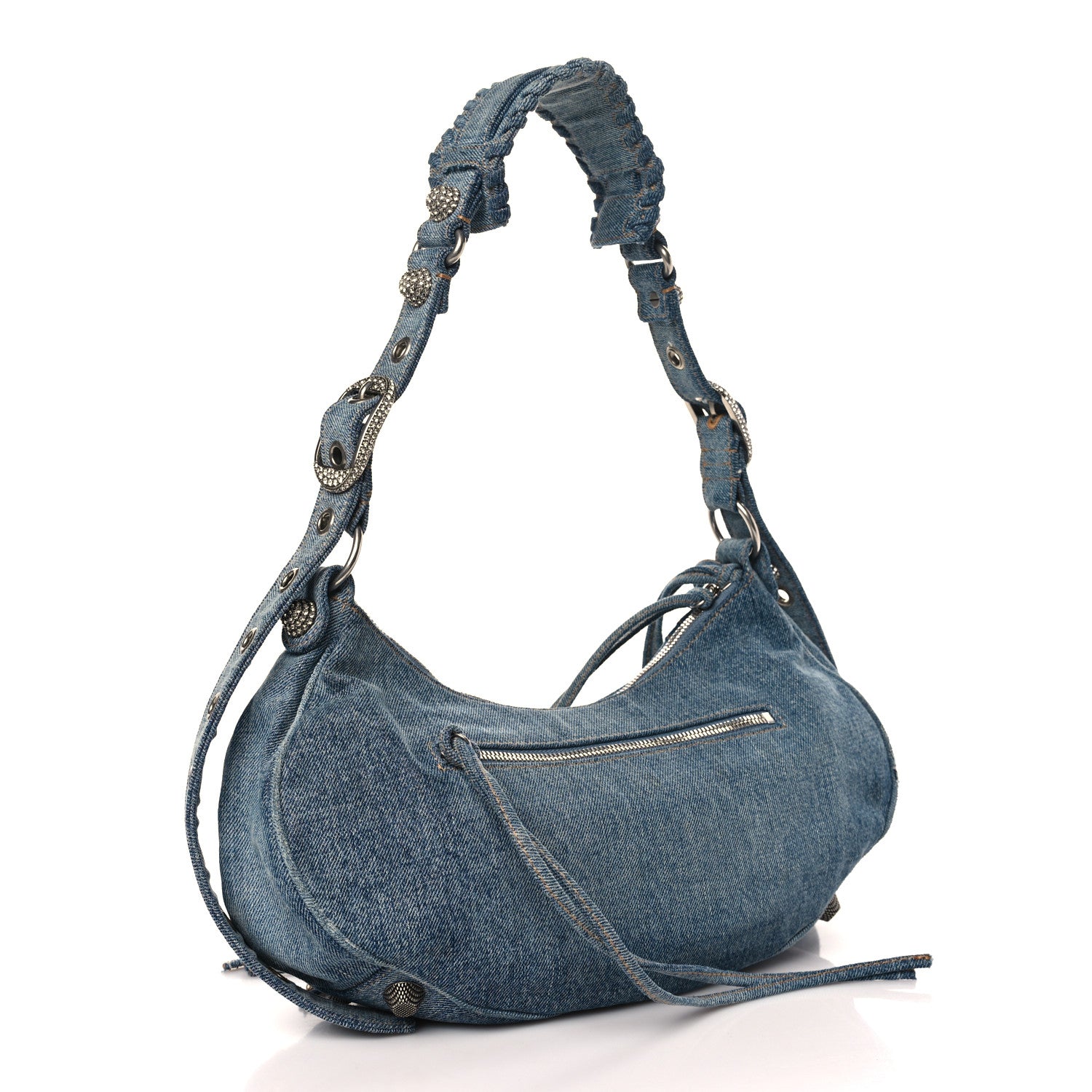 Balenciaga Washed Frayed Denim Crystal Small Le Cagole Shoulder Bag Blue 2 of 11