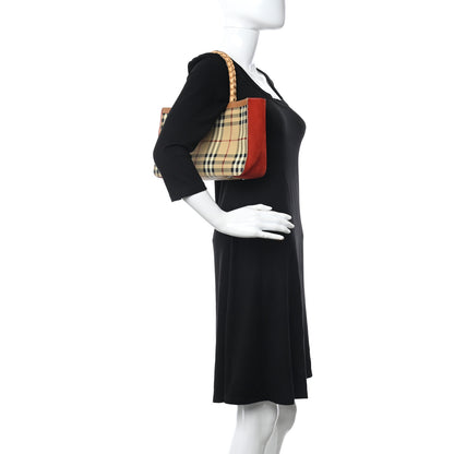 Burberry Haymarket Check Suede Horn Toggle Shoulder Bag Red 2 of 9