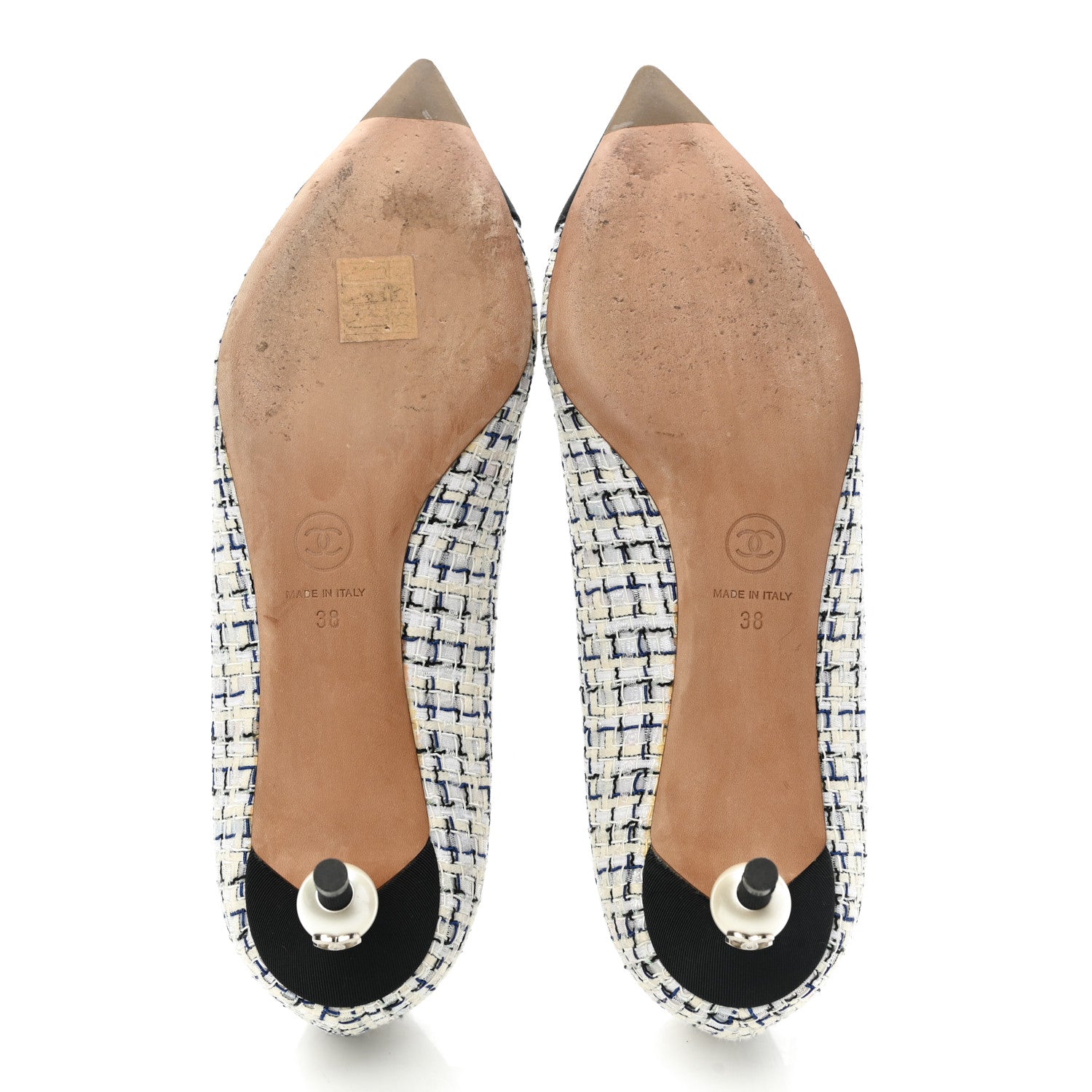 Chanel Tweed Pearl Cap Toe Pumps 38 White Black Blue 5 of 9