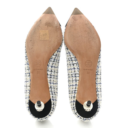 Chanel Tweed Pearl Cap Toe Pumps 38 White Black Blue 5 of 9