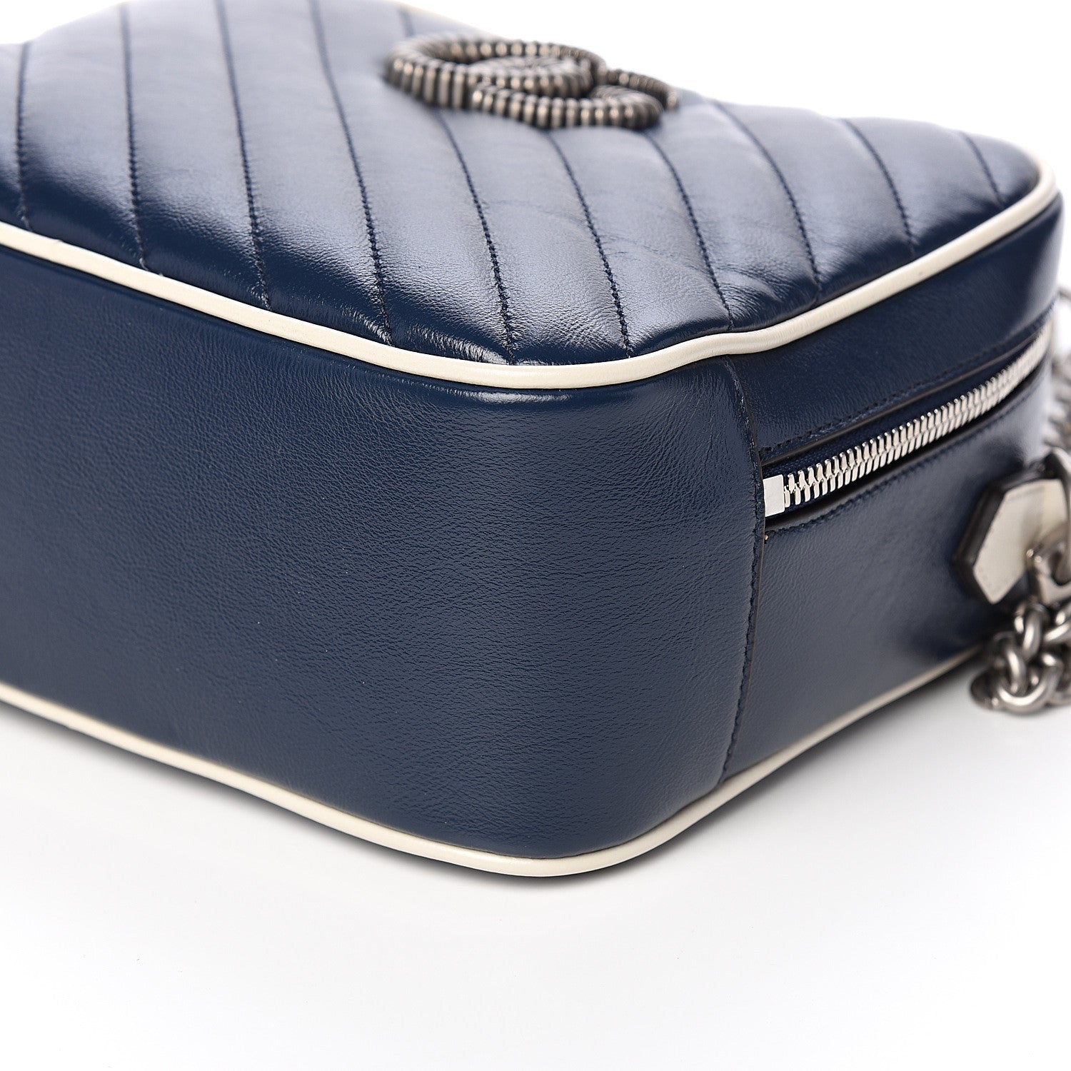 Gucci Vintage Effect Calfskin Matelasse Diagonal Small Torchon GG Marmont Bamboo Top Handle Shoulder Bag Blue Agata Mystic White 8 of 11
