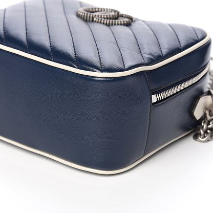 Gucci Vintage Effect Calfskin Matelasse Diagonal Small Torchon GG Marmont Bamboo Top Handle Shoulder Bag Blue Agata Mystic White 8 of 11