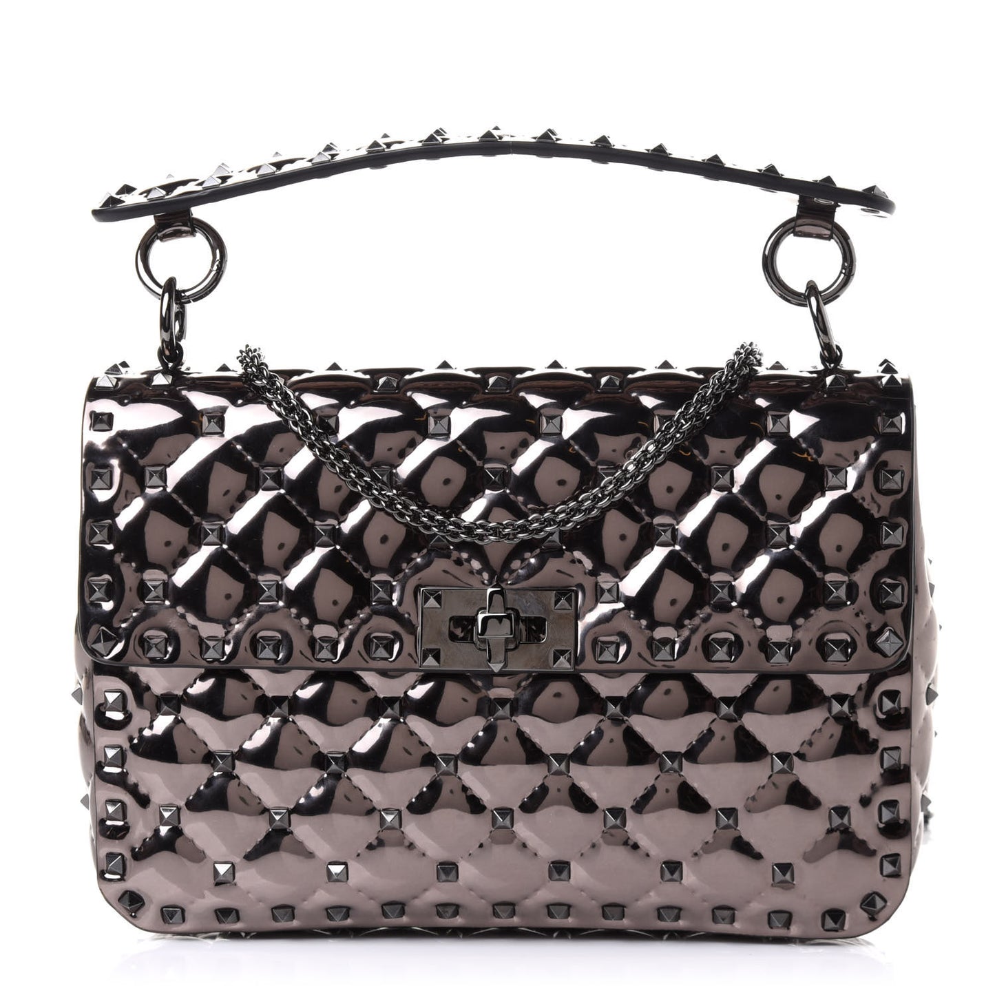 Metallic Patent Medium Rockstud Spike Shoulder Bag Rutenio