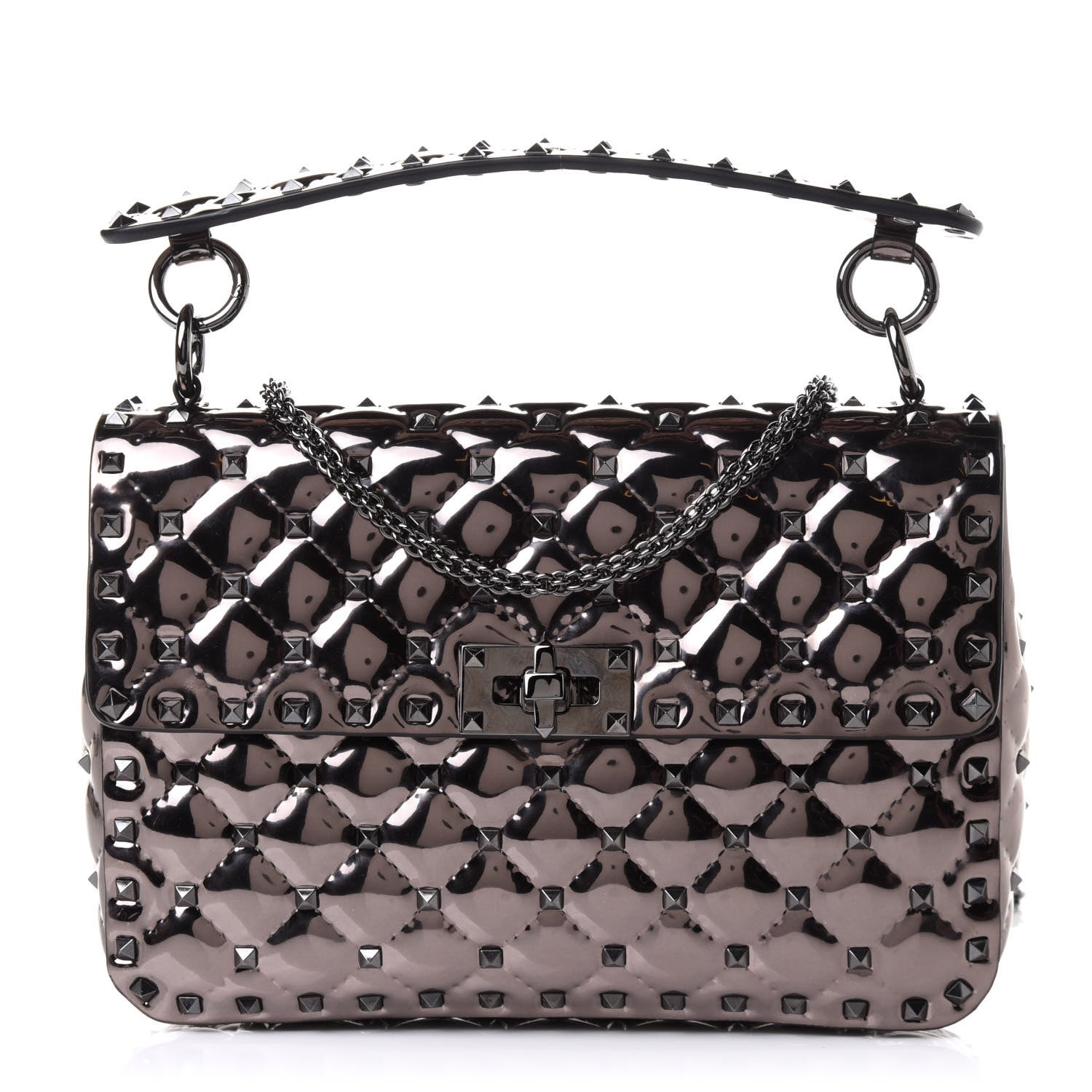 Valentino Garavani Metallic Patent Medium Rockstud Spike Shoulder Bag Rutenio 1 of 8