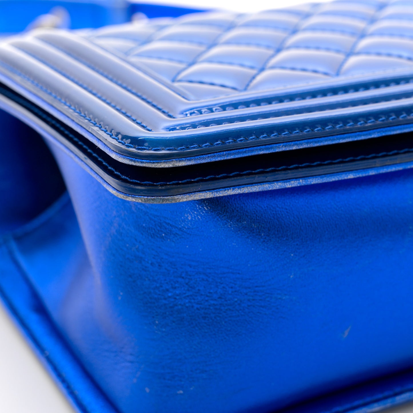 Metallic Patent Quilted Medium Boy Flap Blue