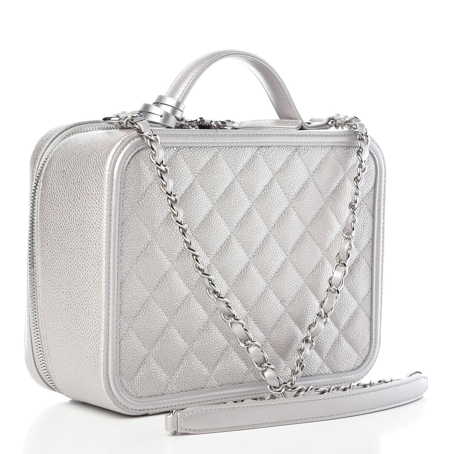 Chanel Metallic Caviar Quilted Large CC Filigree Vanity Case Silver 3 of 9