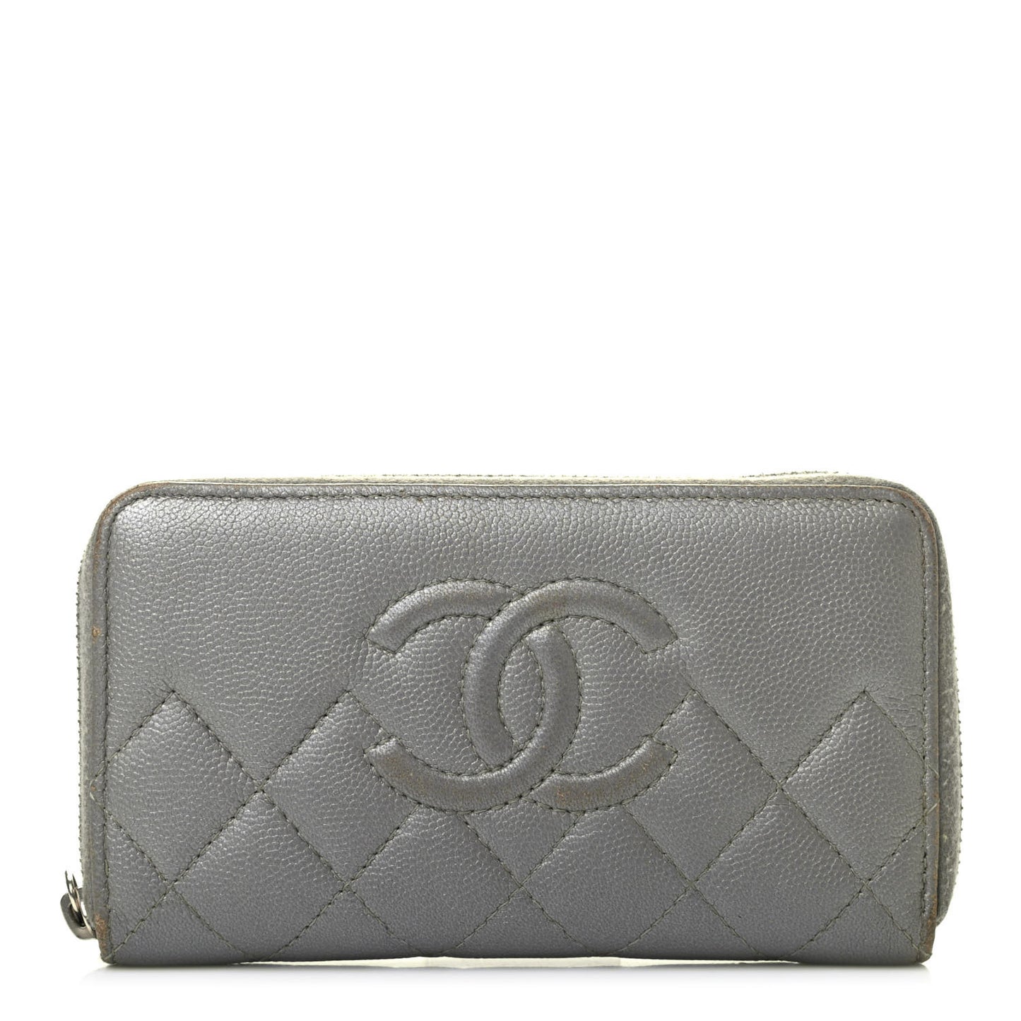 Metallic Caviar Quilted Medium Maxi CC Zip Around Wallet Grey