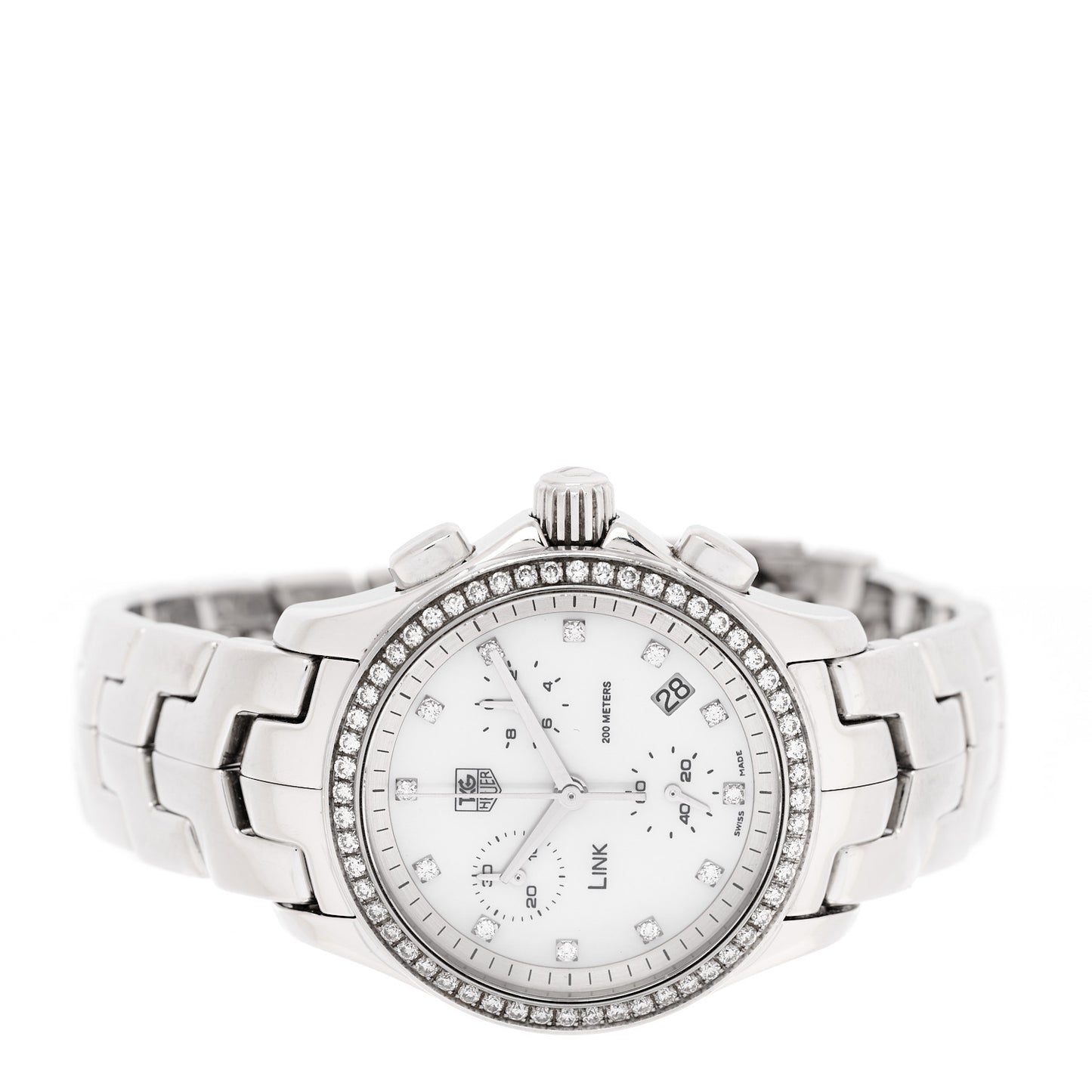 Stainless Steel Diamond Bezel Mother of Pearl 33mm Link Quartz Watch CFJ1314