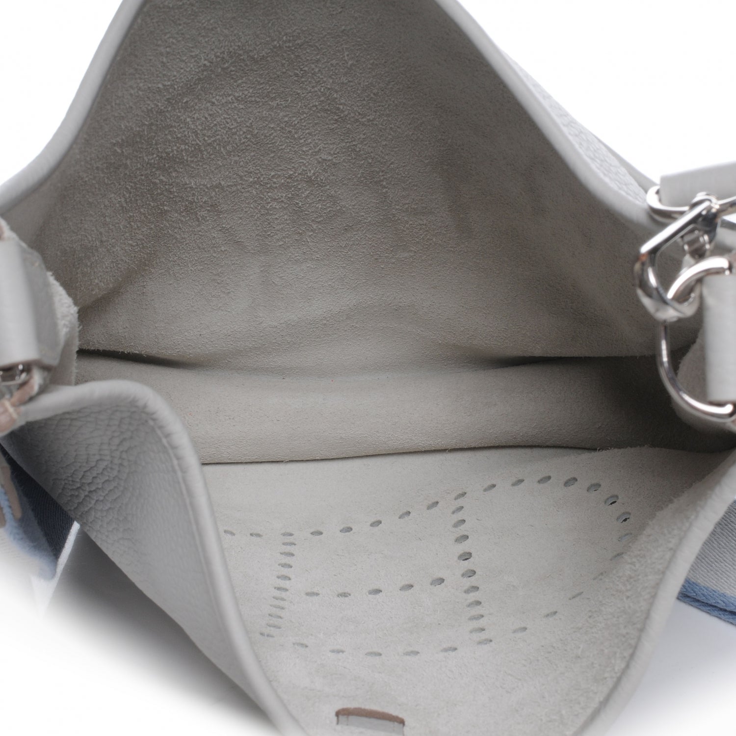Hermes Taurillon Clemence Evelyne III PM Gris Perle w Bleu Lin Strap NEW 7 of 8