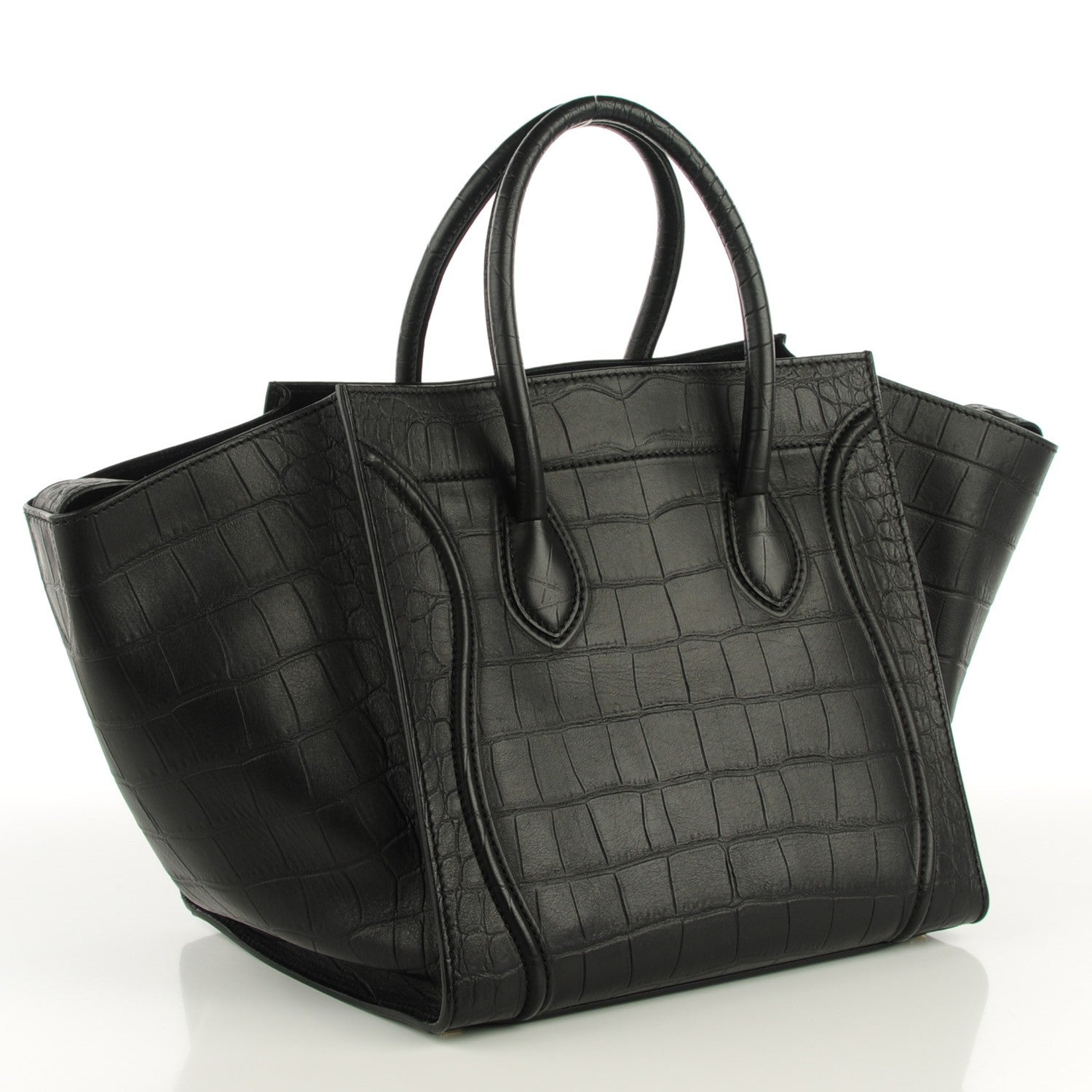 Celine Crocodile Embossed Calfskin Medium Phantom Luggage Black 3 of 7