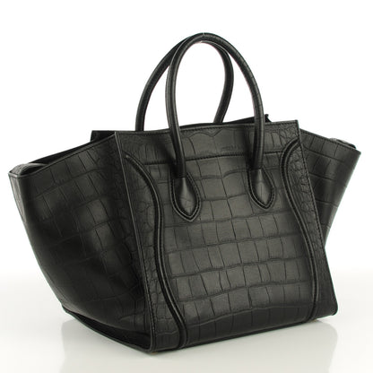 Celine Crocodile Embossed Calfskin Medium Phantom Luggage Black 3 of 7