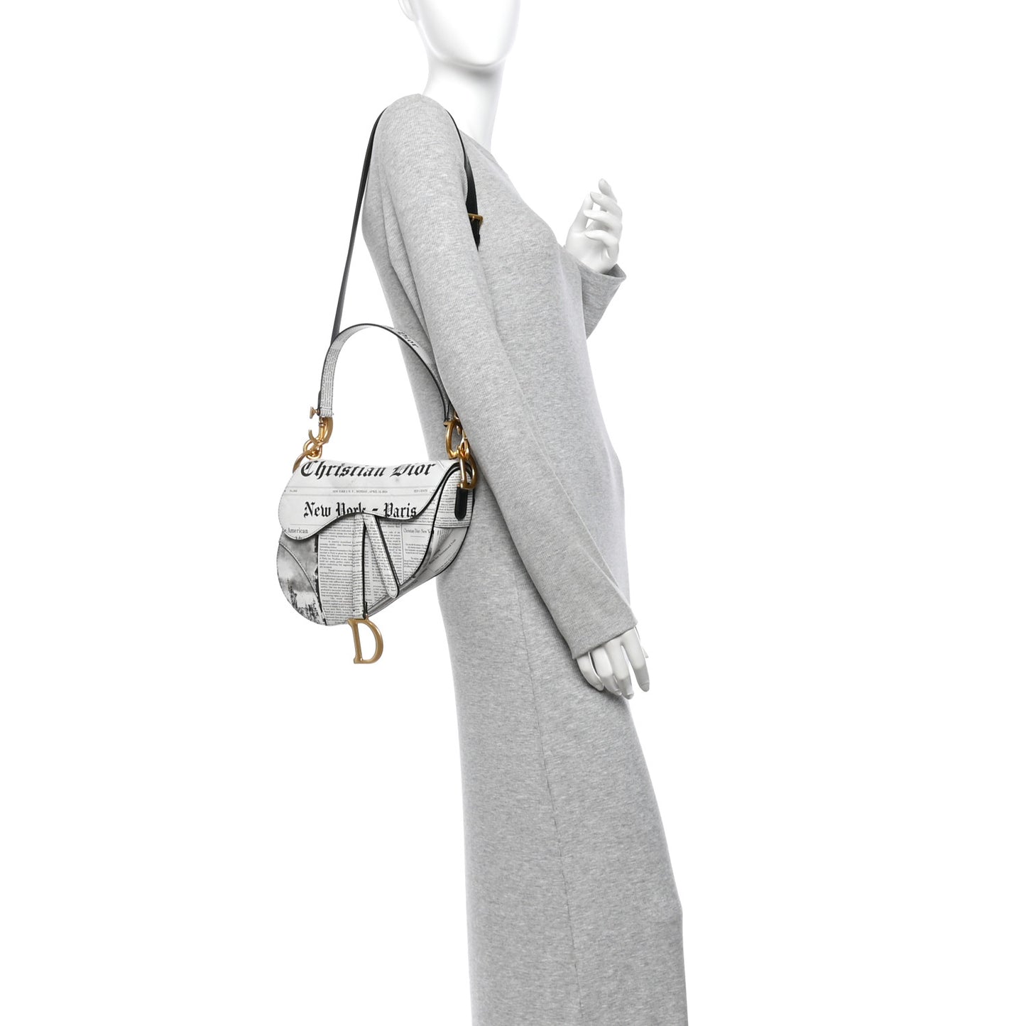 Calfskin Newspaper Printed Saddle Bag With Strap Black White