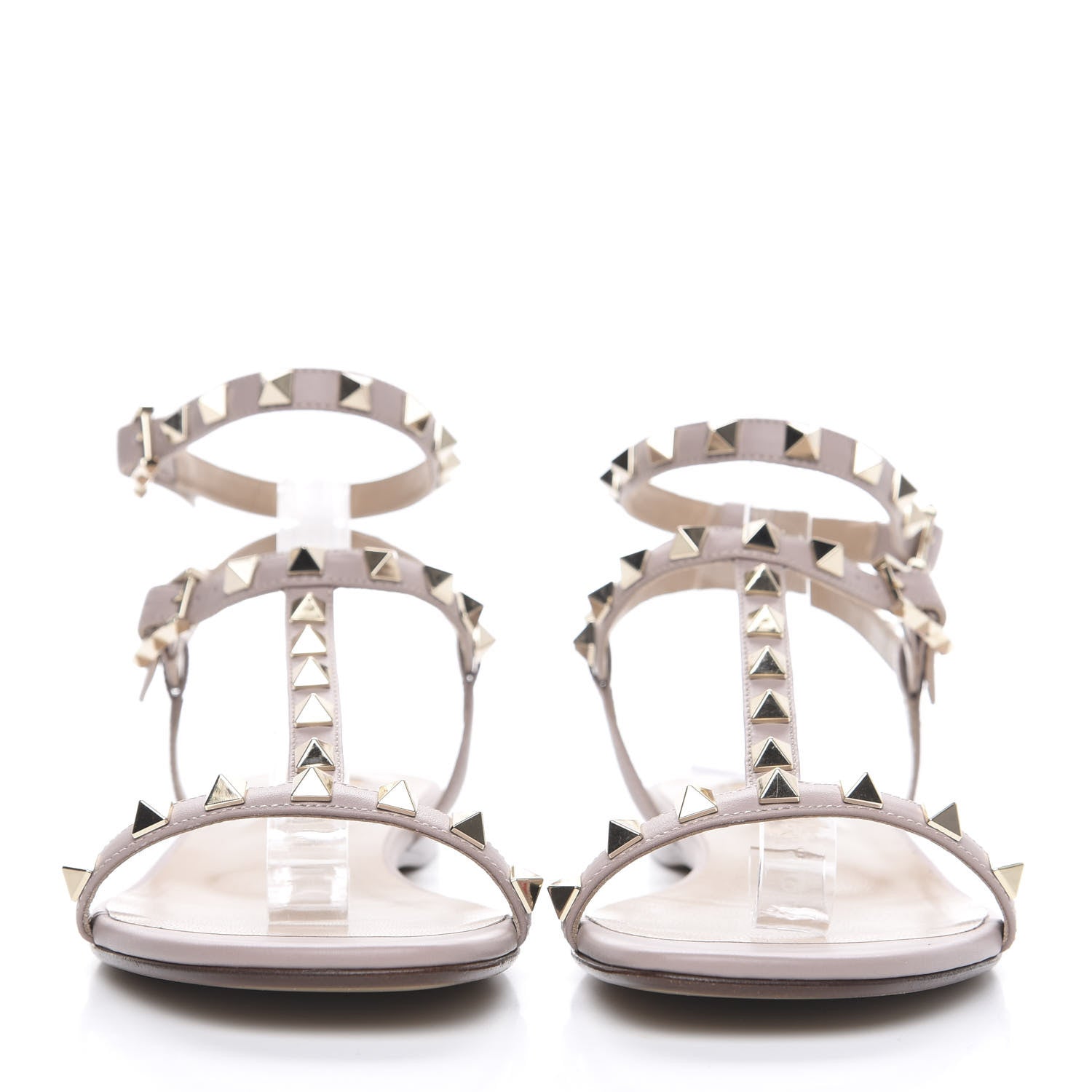 Valentino Garavani Calfskin Rockstud Ankle T-Strap Flat Sandals 38 Poudre 2 of 10