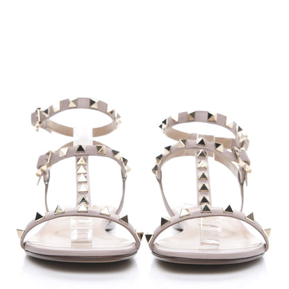 Valentino Garavani Calfskin Rockstud Ankle T-Strap Flat Sandals 38 Poudre 2 of 10