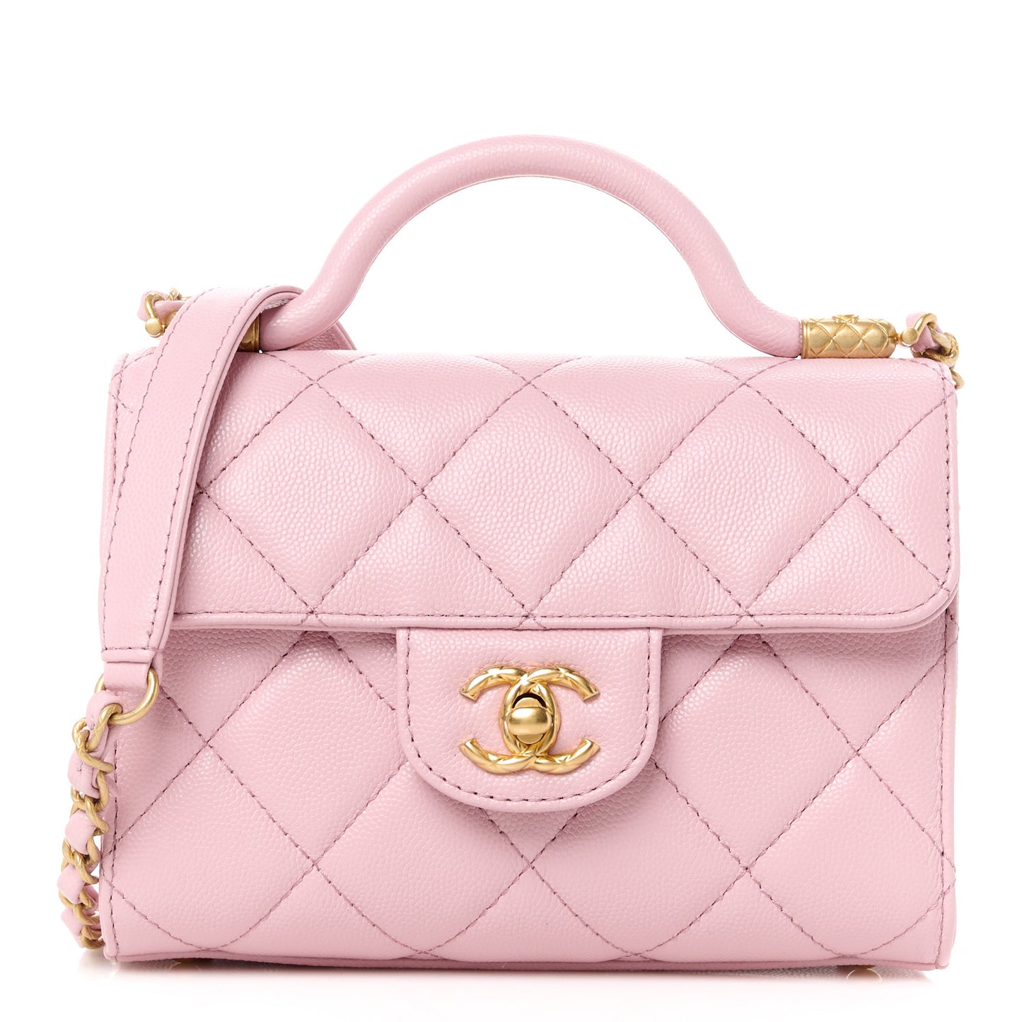 Shiny Caviar Quilted Mini Top Handle Flap Pink