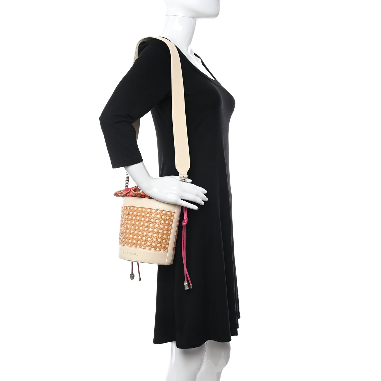 Vienna Straw Calfskin Satin Medium Serpenti Forever Bucket Bag Ivory Opal Beetroot Spinel Fuchsia