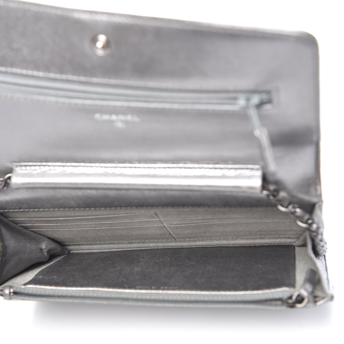 Metallic Calfskin Quilted Boy Wallet On Chain WOC Silver