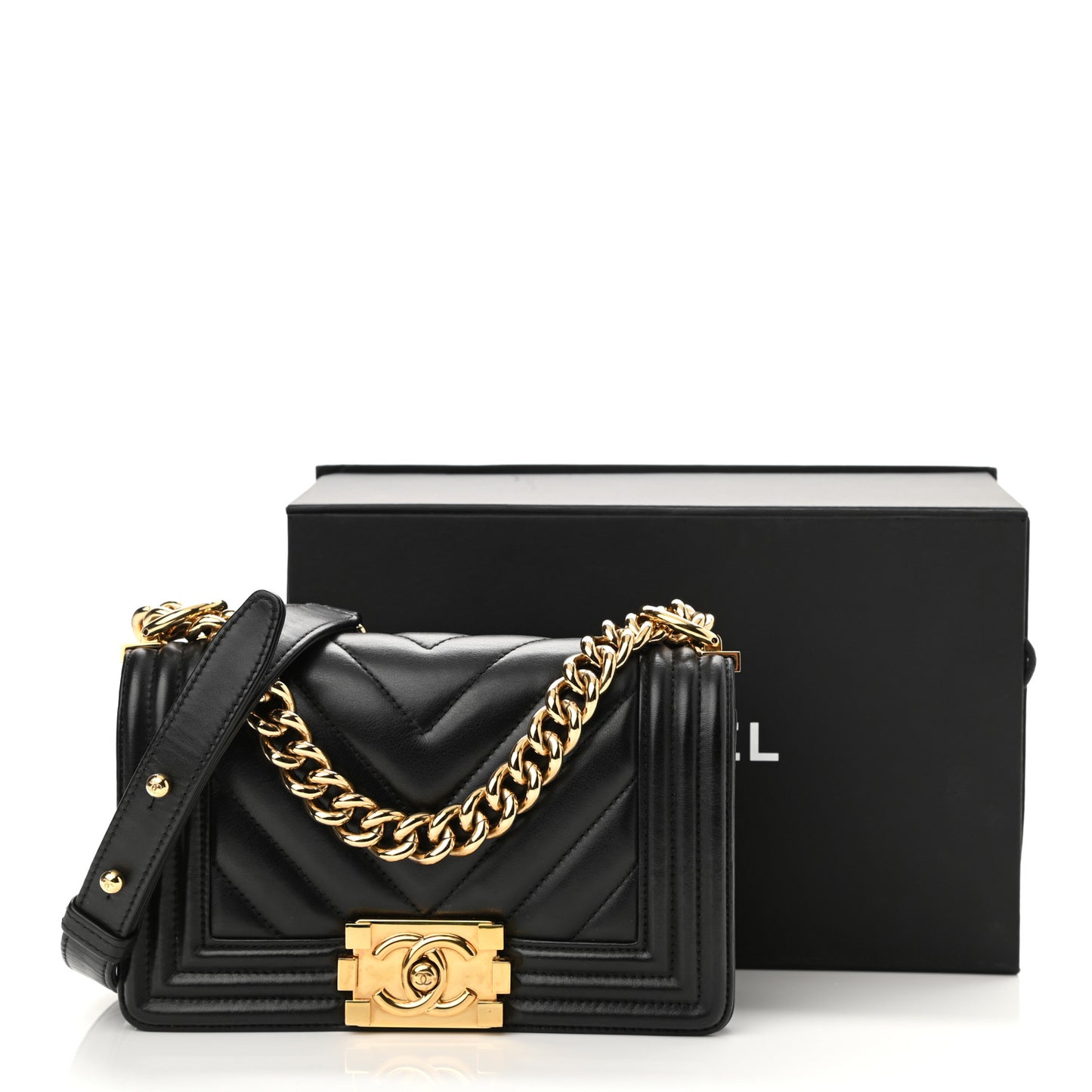 Lambskin Chevron Quilted Small Boy Flap Black