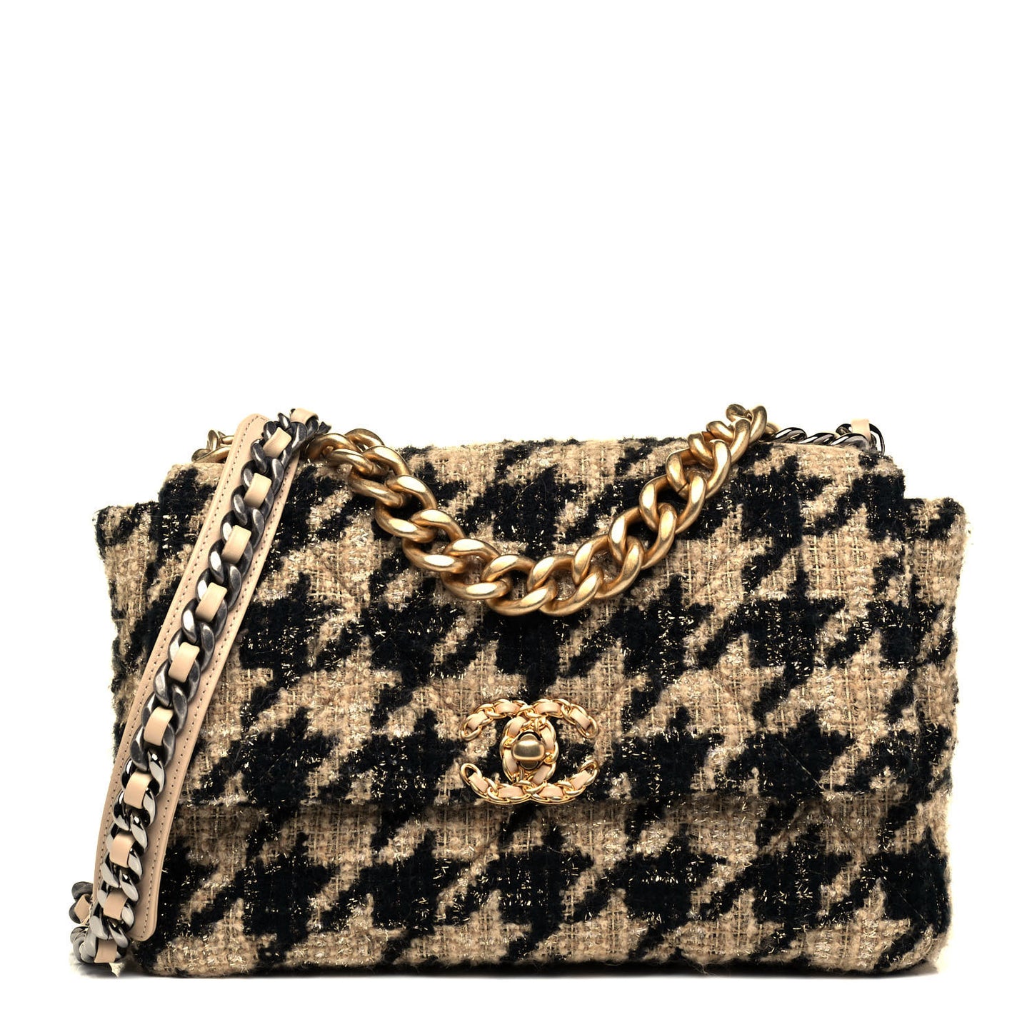 Tweed Large Chanel 19 Flap Beige Black