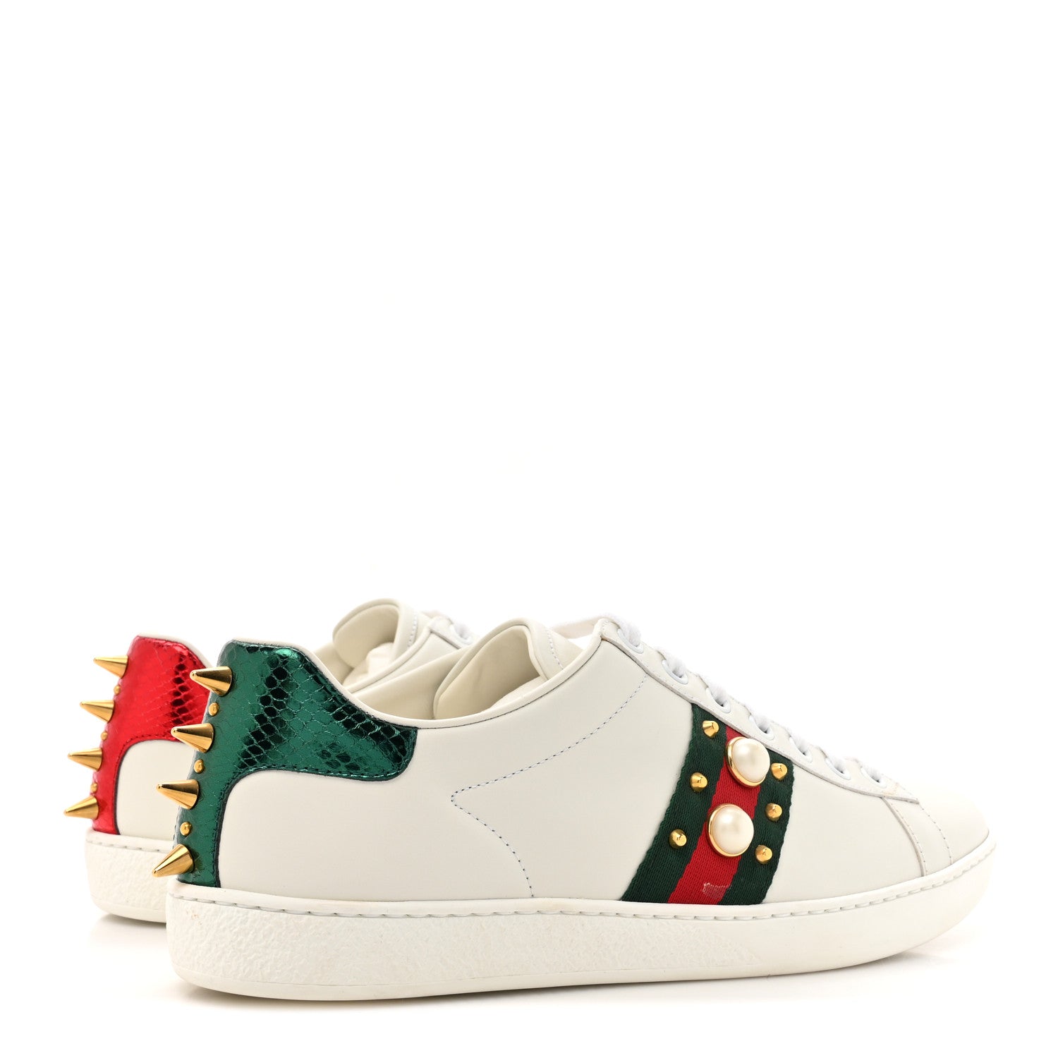 Gucci Calfskin Web Pearl Studded Womens Ace Sneakers 38.5 White 4 of 10