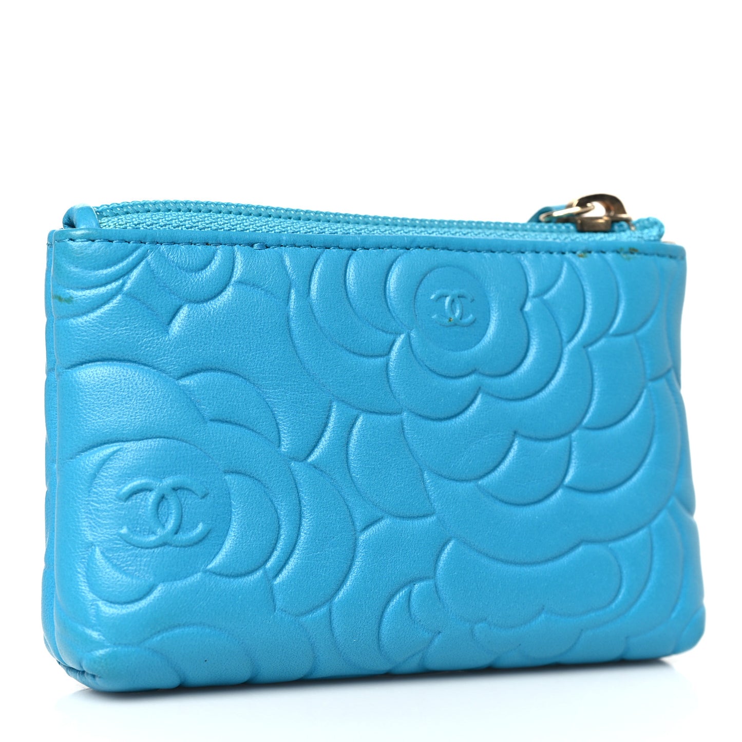 Lambskin Camellia Embossed Key Holder Case Turquoise