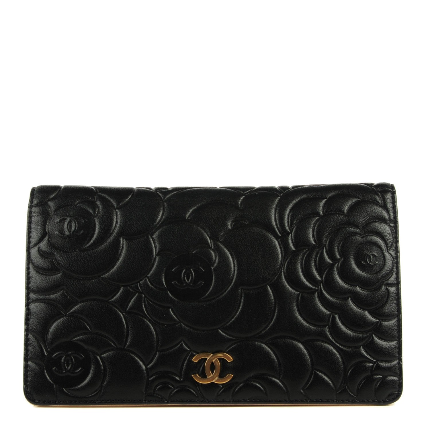 Chanel Lambskin Camellia Embossed Yen Wallet Black 1 of 8