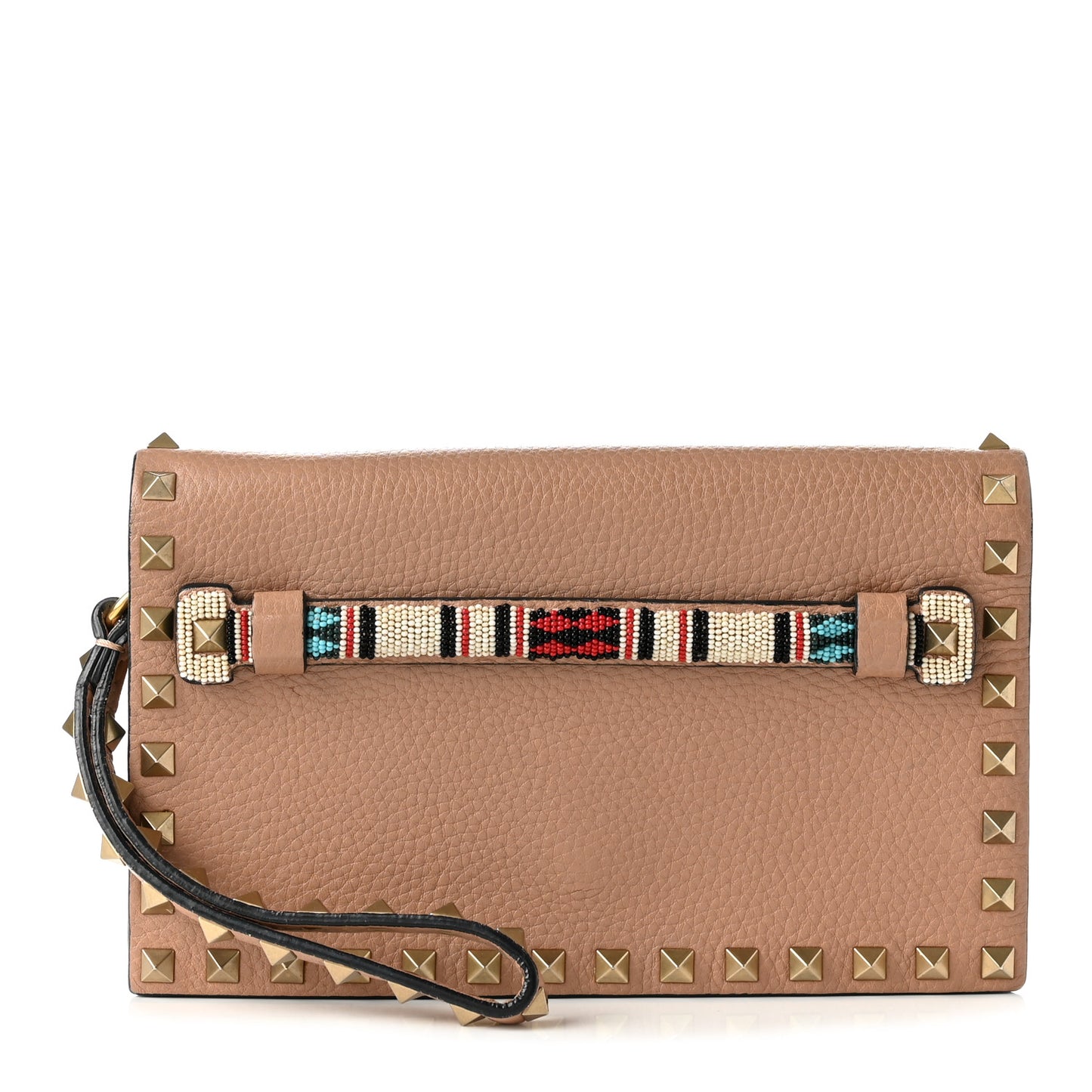Pebbled Calfskin Beaded Rockstud Wristlet Clutch Soft Noisette