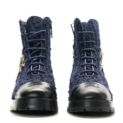 Chanel Tweed Calfskin Chain Lace Up Combat Boots 39 Navy Black 2 of 8