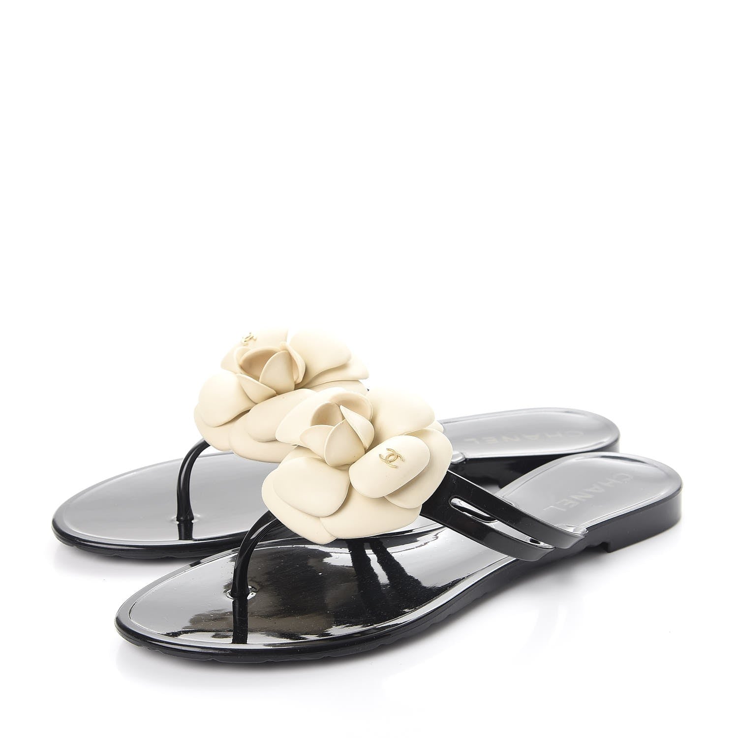 Chanel Jelly Camellia Thong Sandals 36 Black Ivory 3 of 10