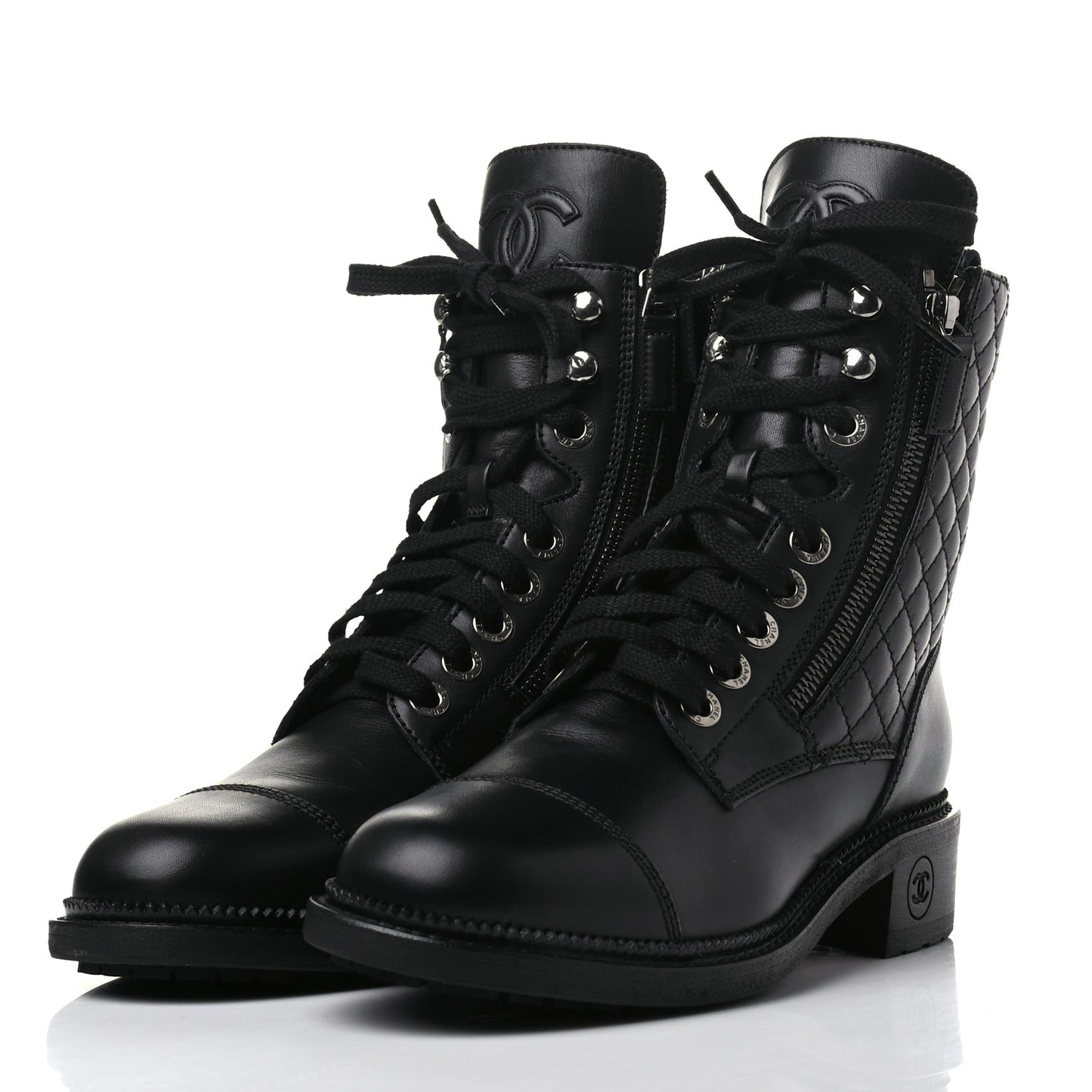 Calfskin Quilted Lace Up Combat Boots 38 Black