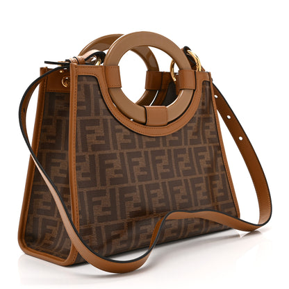 Fendi Glazed Fabric Vitello Century Plexiglass FF 1974 Stamp Patch Small Runaway Shopper Tote Mogano Panna Nocciola 3 of 11