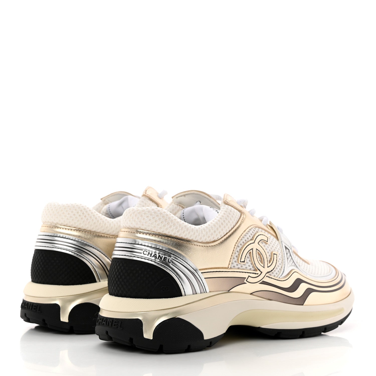 Chanel Fabric Laminated Calfskin Stretch CC Womens Sneakers 38 White Gold Silver 4 of 15