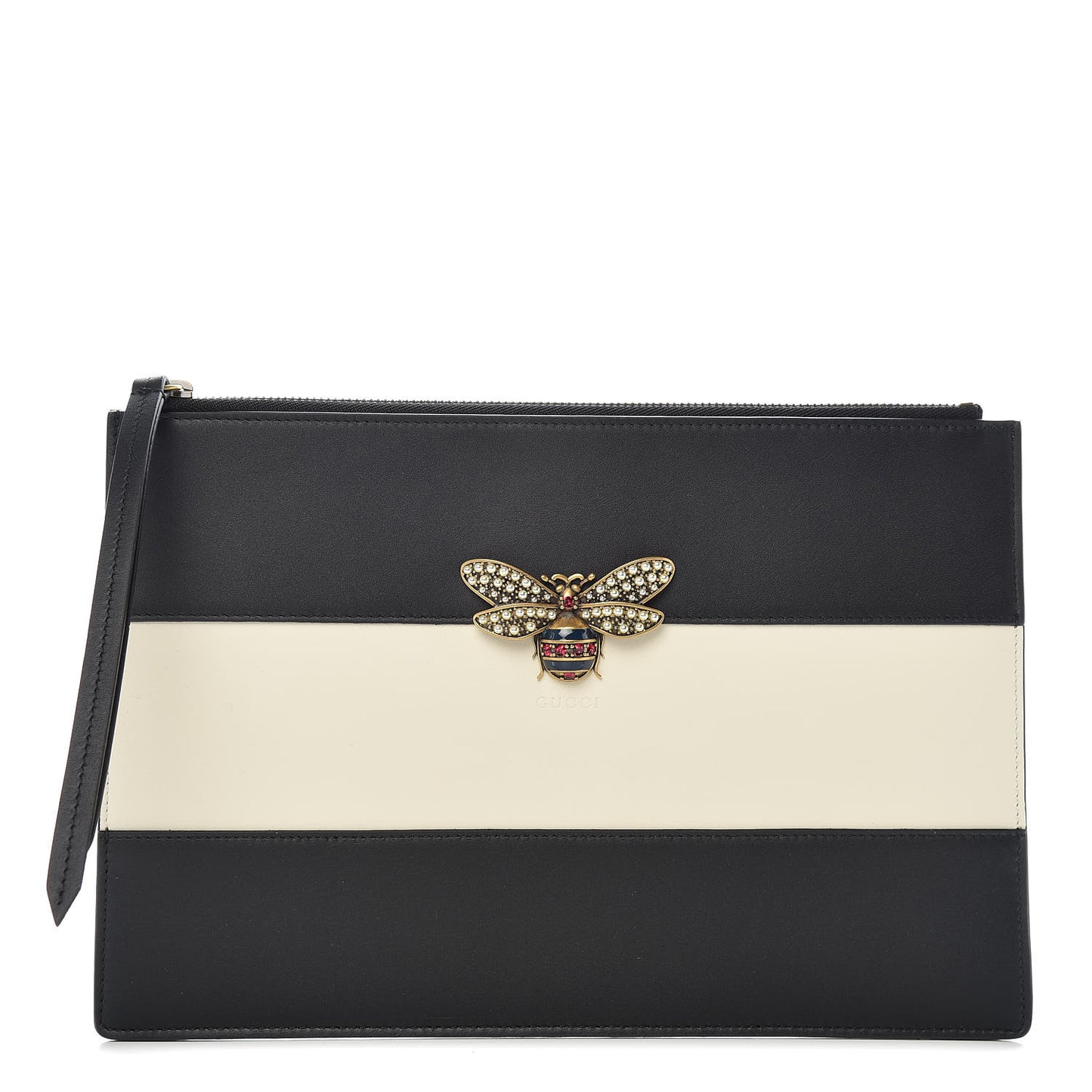Calfskin Striped Oversized Bee Zip Pouch White Black