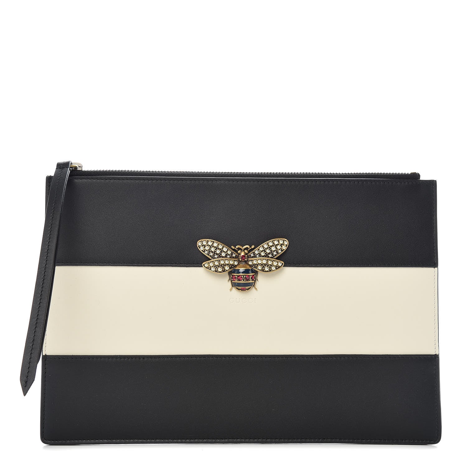 Gucci Calfskin Striped Oversized Bee Zip Pouch White Black 1 of 6