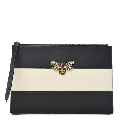 Gucci Calfskin Striped Oversized Bee Zip Pouch White Black 1 of 6