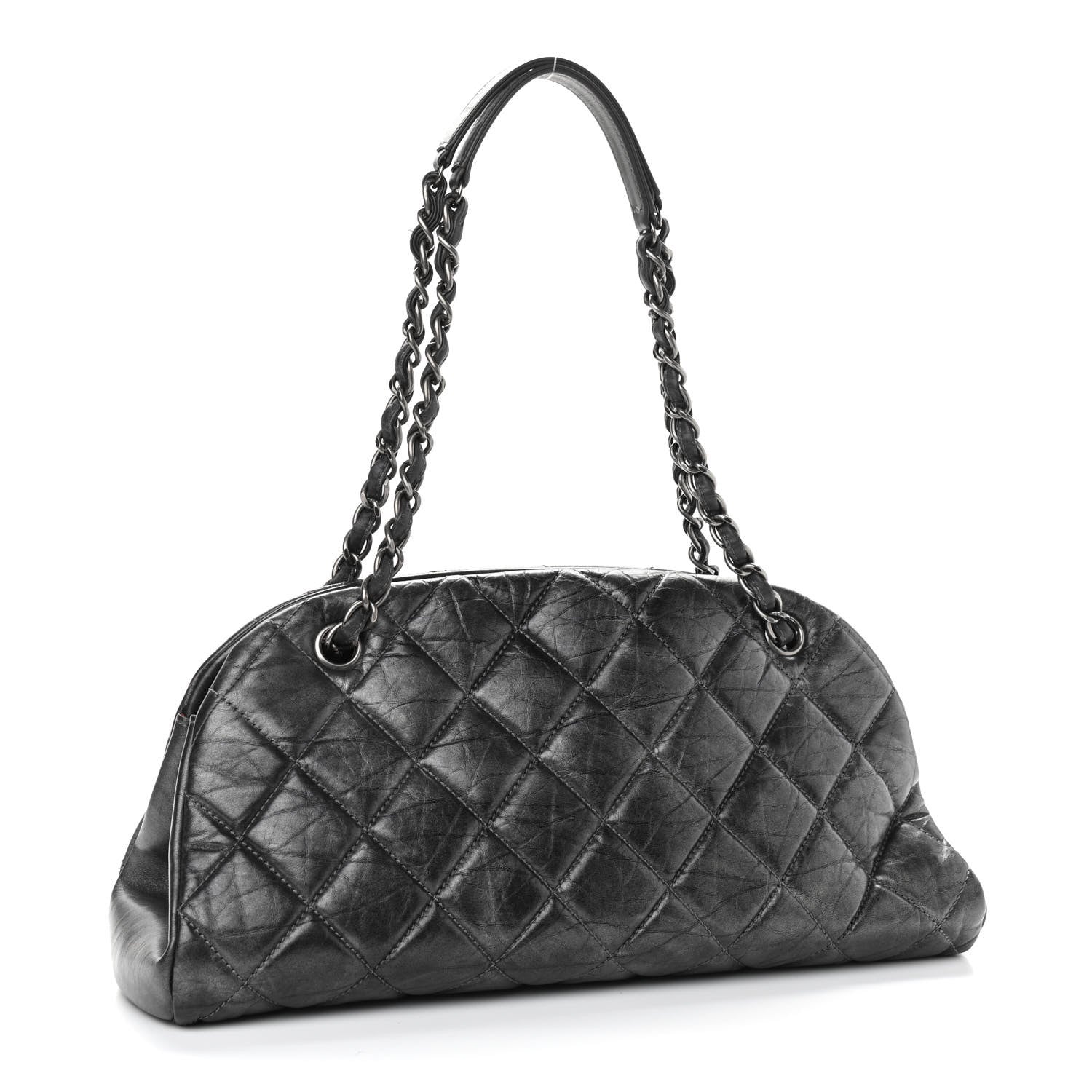 Chanel Aged Calfskin Quilted Medium Just Mademoiselle Bowling Bag Grey 2 of 11