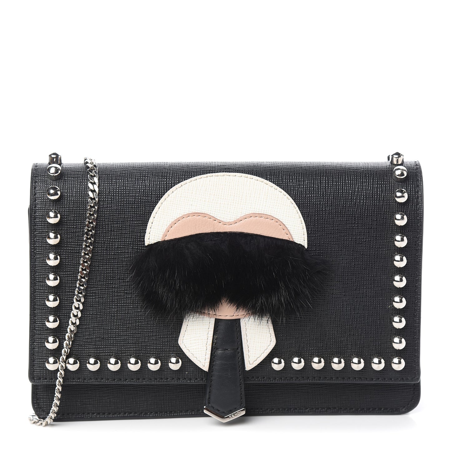 Vitello Elite Mink Fur Studded Karlito Tube Wallet on Chain Black