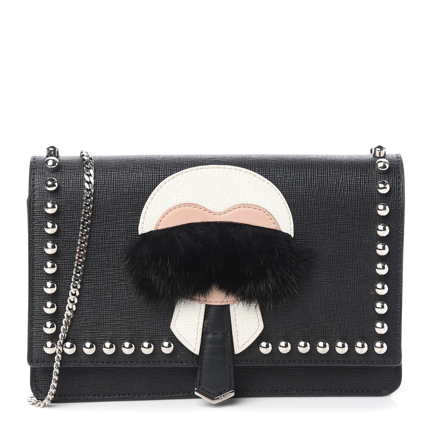Fendi Vitello Elite Mink Fur Studded Karlito Tube Wallet on Chain Black 1 of 10