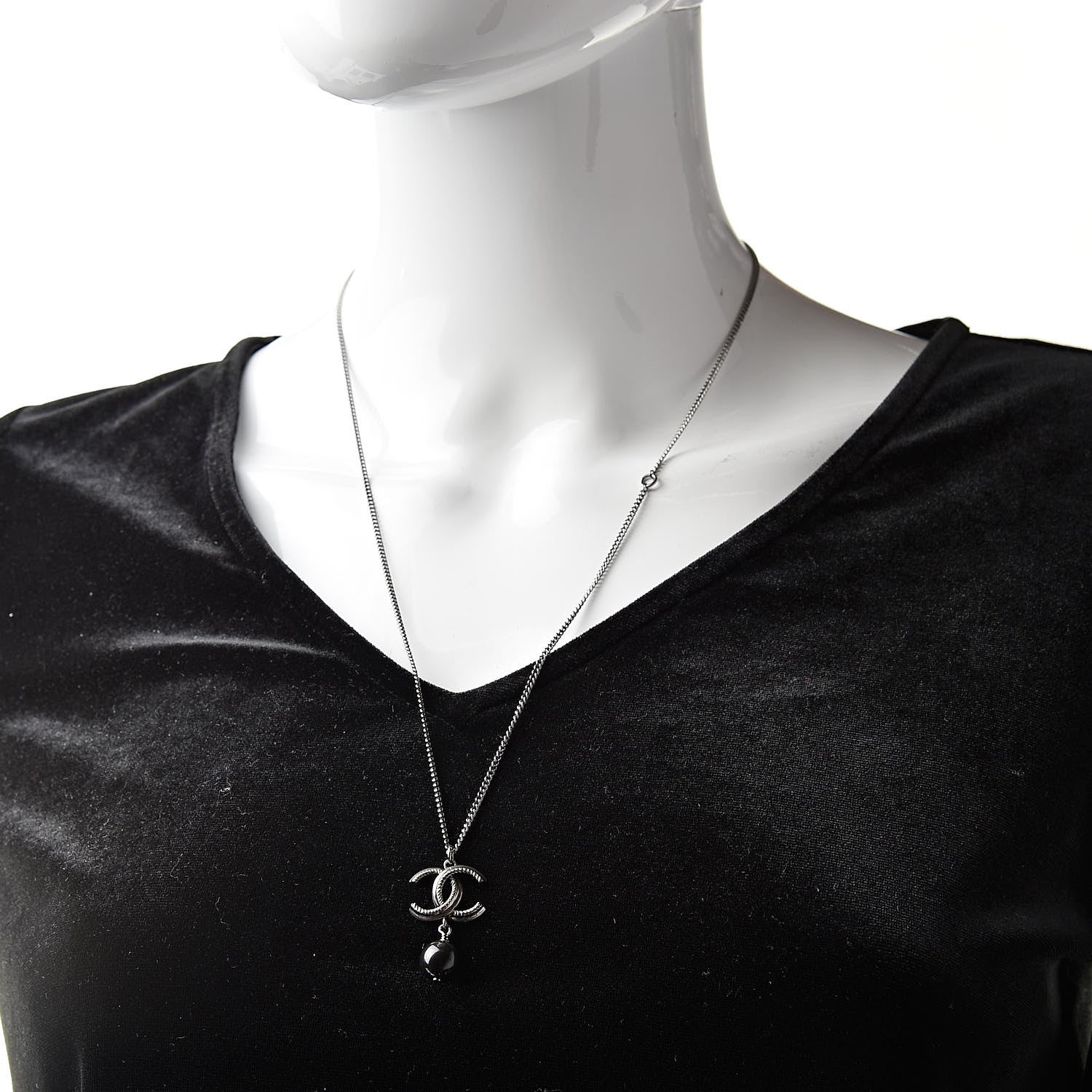 Chanel Ruthenium CC Drop Pendant Necklace Black Silver 2 of 5