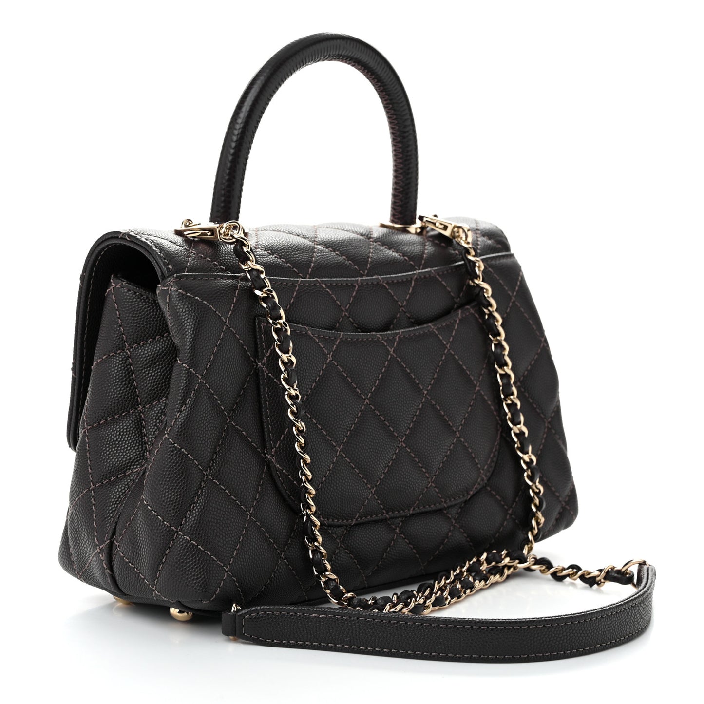 Caviar Quilted Lizard Embossed Mini Coco Handle Flap Dark Brown