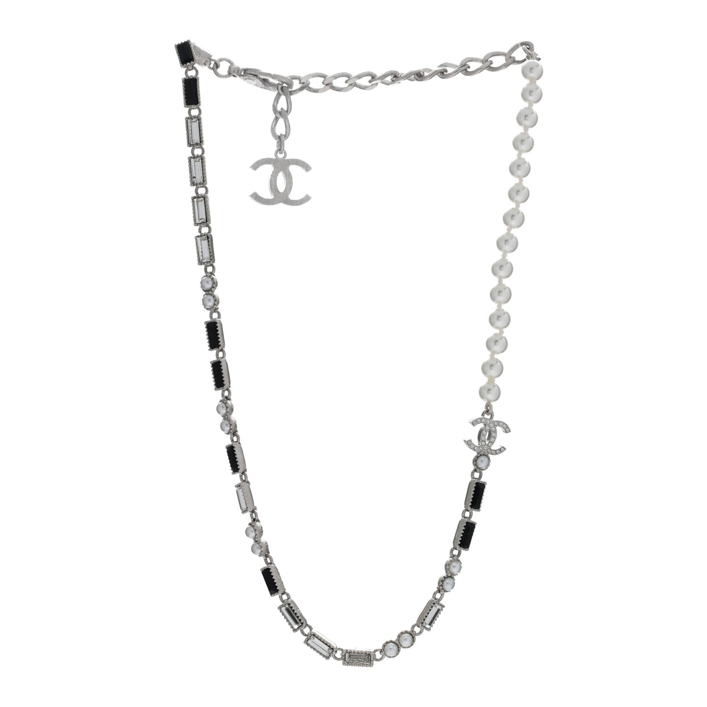 Pearl Baguette Crystal CC Choker Necklace Silver Black