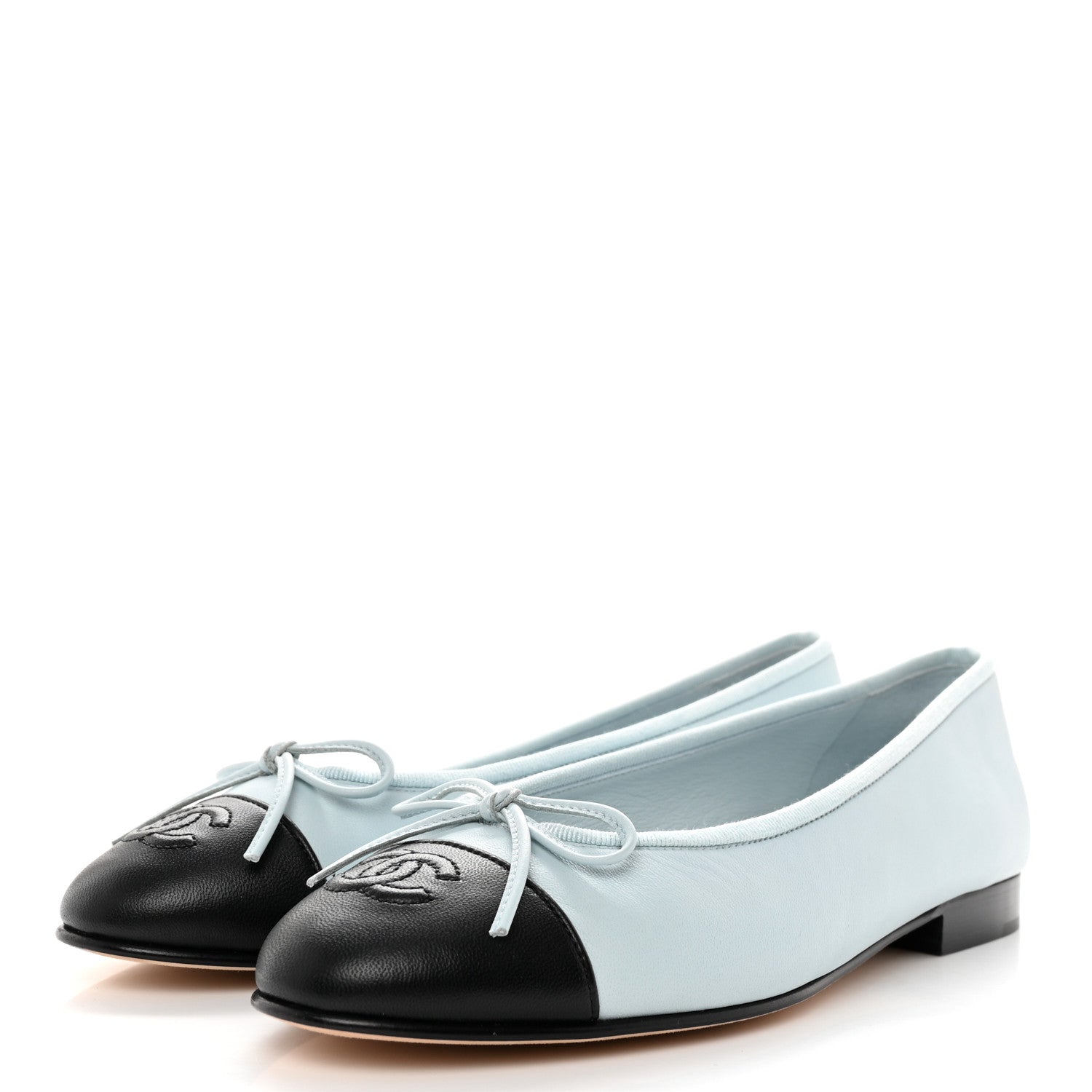 Chanel Lambskin Cap Toe CC Ballerina Flats 37.5 Light Blue Black 3 of 9